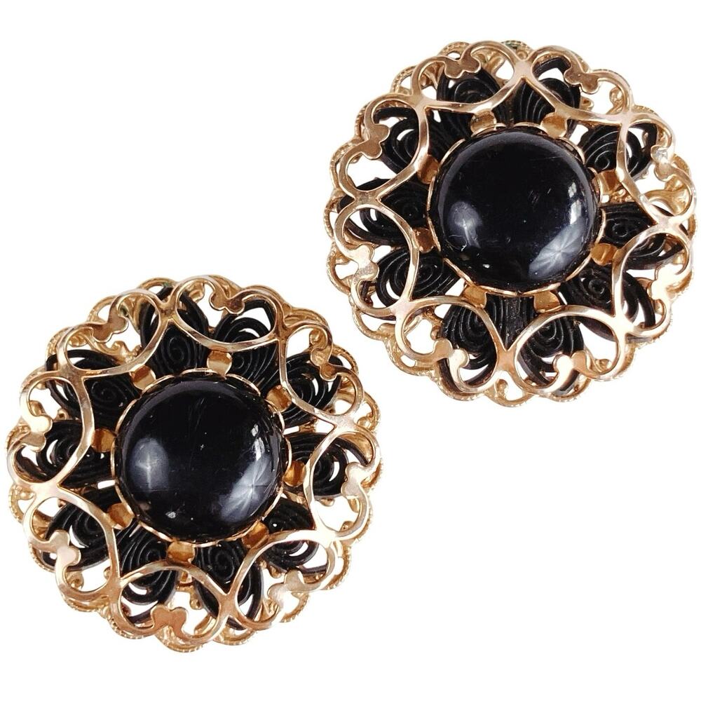 VTG Mid Century Clip On Earrings Gold Tone Filigree Black Cabochons 1950s
